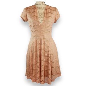 Gianni Bini GB V-Neck Low Cut Pink Lace Skater Dress
